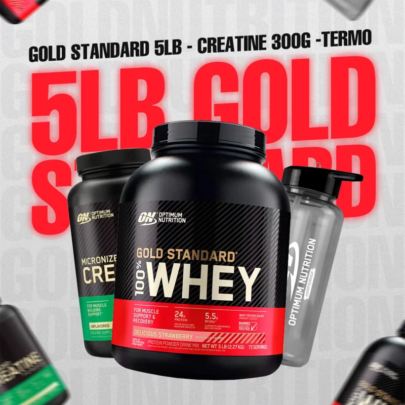 COMBO GOLD STANDARD 5 LIBRAS + CREATINE ON DE 300 GRAMOS + TERMO LITRO ON